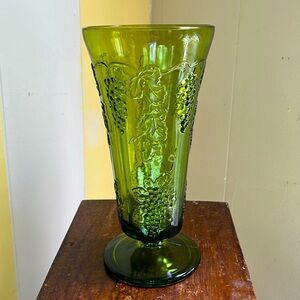 1970’s Indiana Glass Avacado Green Vase with Grape Design